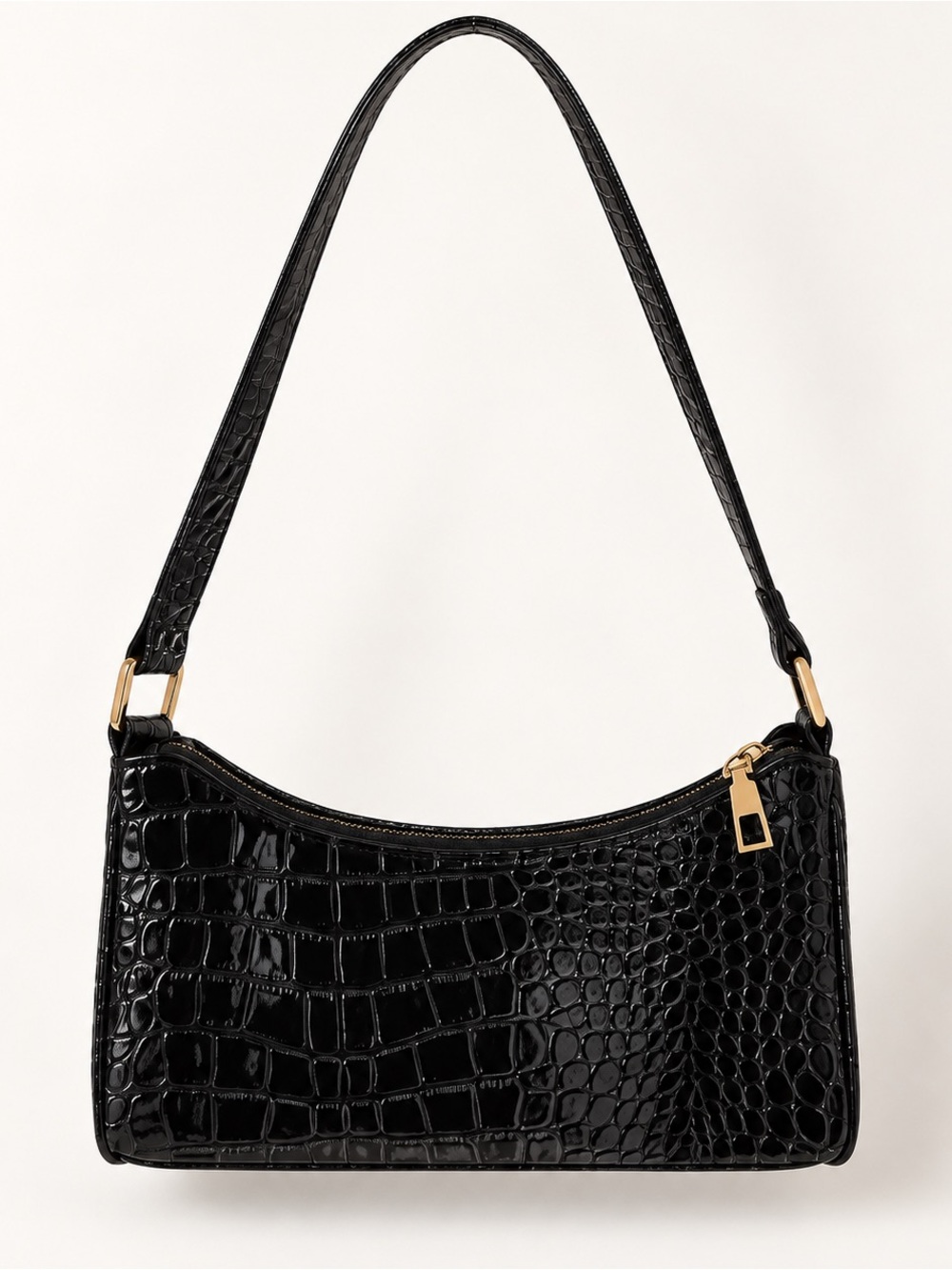 Black Croc-Embossed Shoulder Bag